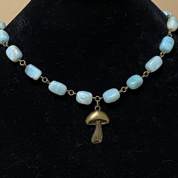 Natural Light Teal Amazonite Necklace, Bronze Slim Mushroom + Genuine Gemstone - Picture 3 of 12